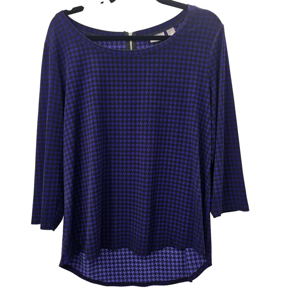 Chicos Purple Houndstooth Tunic Blouse Womens Large 3/4 Sleeve Stretch Work